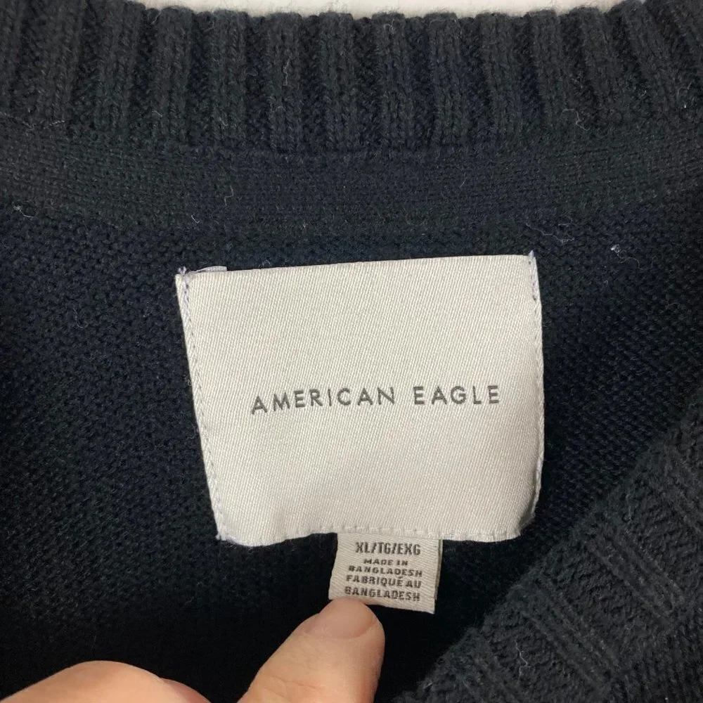Mens American Eagle Color Block‎ Cotton Crew Pullover Sweater Black Gray XL